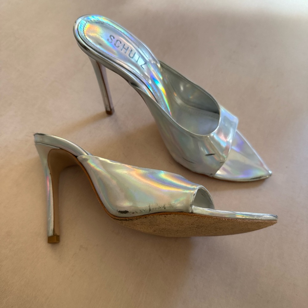 Schutz size 37 holographic silver sandals